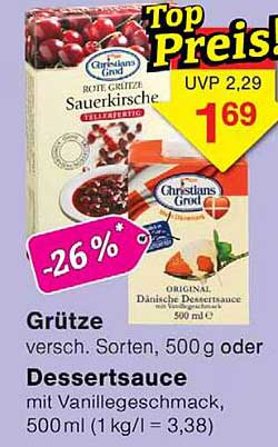 Grütze versch. Sorten, 500 g oder Dessertsauce mit Vanillegeschmack, 500 ml (1 kg/l = 3,38)