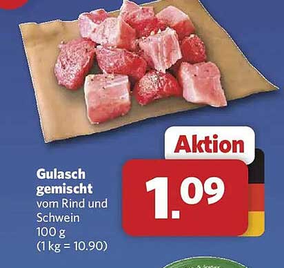 Gulasch gemischt vom Rind und Schwein 100 g (1 kg = 10.90)