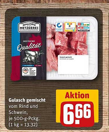 Gulasch gemischt vom Rind und Schwein, je 500-g-Pckg. (1 kg = 13.32)