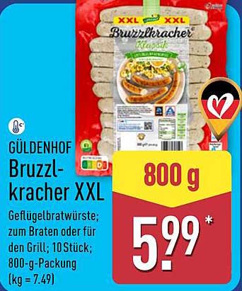 GÜLDENHOF Bruzzlkracher XXL Geflügelbratwürste; zum Braten oder für den Grill; 10 Stück; 800-g-Packung (kg = 7.49)