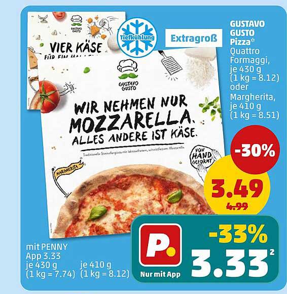 GUSTAVO GUSTO Pizza Quattro Formagi, je 430 g (1 kg = 8.12) oder Margherita, je 410 g (1 kg = 8.51)