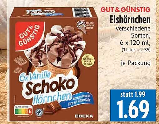 GUT & GÜNSTIG Eishörnchen verschiedene Sorten, 6 x 120 ml, (1 Liter = 2.35) je Packung