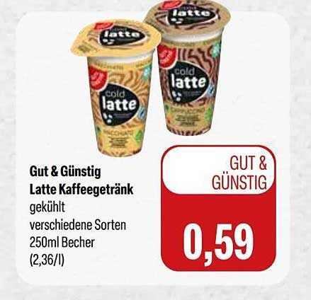 Gut & Günstig Latte Kaffegetränk gekühlt verschiedene Sorten 250ml Becher (2,36/l)