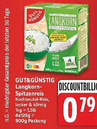 GUT&GÜNSTIG Langkorn-Spitzenreis Kochbeutel-Reis, locker & körnig 1kg = 1,58 4x125g = 500g Packung
