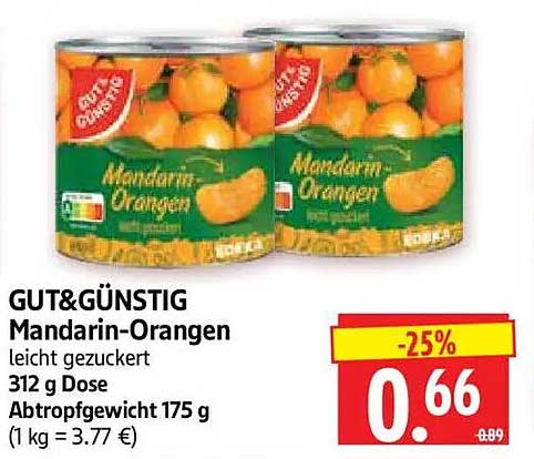 GUT&GÜNSTIG Mandarinen-Orangen leicht gezuckert 312 g Dose Abtropfgewicht 175 g (1 kg = 3.77 €)