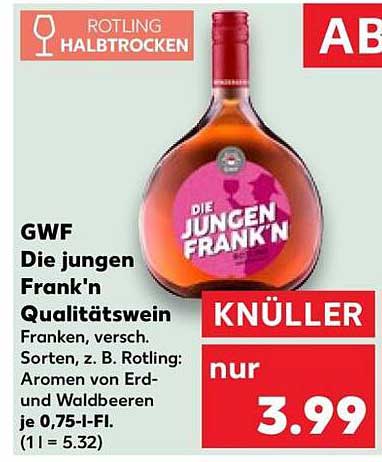 GWF Die jungen Frank'n Qualitätswein Franken, versch. Sorten, z. B. Rotling: Aromen von Erd- und Waldbeeren je 0,75-l-Fl. (1 l = 5.32)