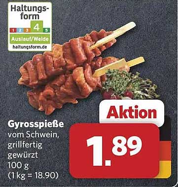 Gyrosspieße vom Schwein, grillfertig gewürzt 100 g (1 kg = 18.90)