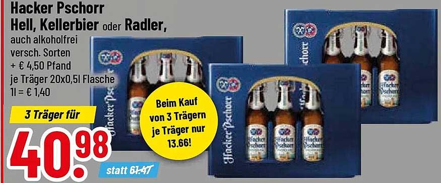 Hacker Pschorr Hell, Kellerbier oder Radler, auch alkoholfrei versch. Sorten + € 4,50 Pfand je Träger 20x0,5l Flasche 1l = € 1,40