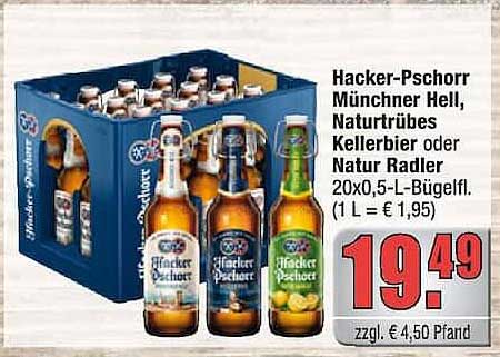 Hacker-Pschorr Münchner Hell, Naturtrübes Kellerbier oder Natur Radler 20x0,5-L-Bügelfl. (1 L = € 1,95)