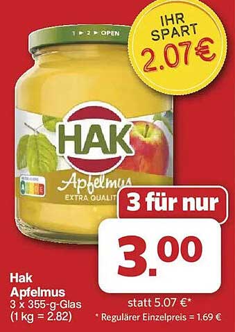 Hak Apfelmus 3 x 355-g-Glas (1 kg = 2.82)