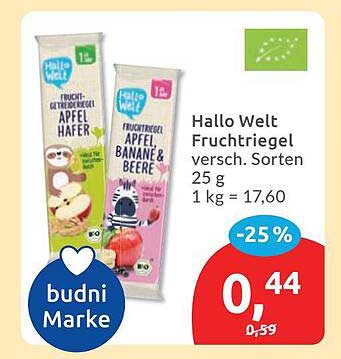 Hallo Welt Fruchtriegel versch. Sorten 25 g 1 kg = 17,60