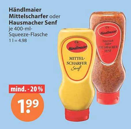 Händlmaier Mittelscharfer oder Hausmacher Senf je 400-ml-Squeeze-Flasche