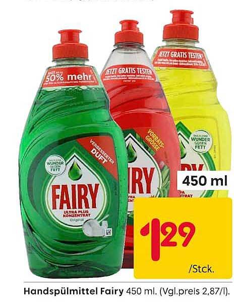 Handspülmittel Fairy 450 ml. (Vgl.preis 2,87/l).