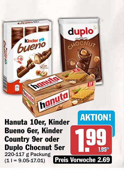 Hanuta 10er, Kinder Bueno 6er, Kinder Country 9er oder Duplo Chocnut 5er 220-117 g Packung (1 l = 9.05-17.01)