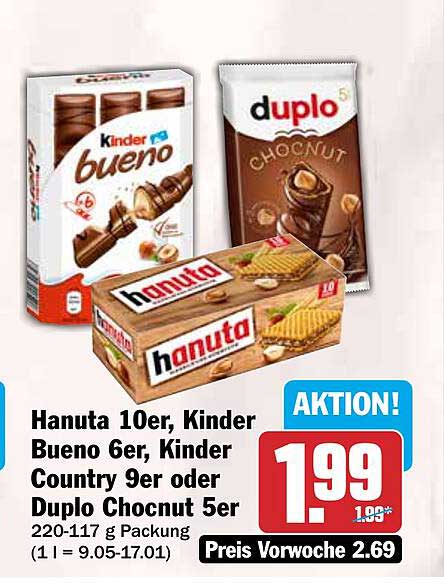 Hanuta 10er, Kinder Bueno 6er, Kinder Country 9er oder Duplo Chocnut 5er 220-117 g Packung