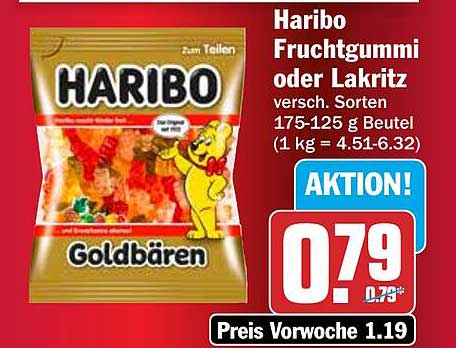 Haribo Fruchtgummi oder Lakritz versch. Sorten 175-125 g Beutel (1 kg = 4.51-6.32)