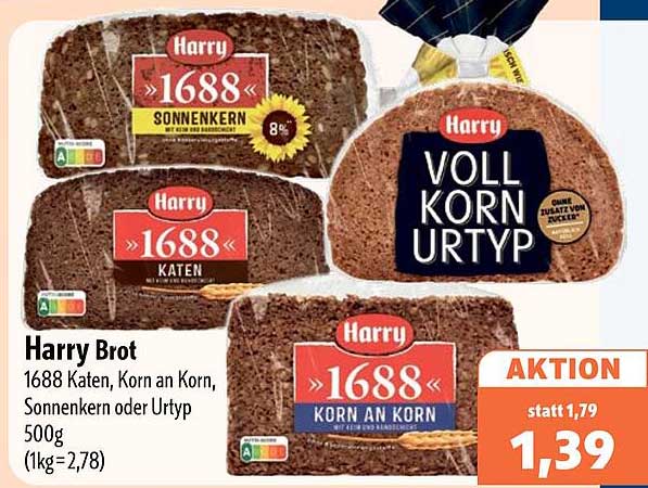 Harry Brot 1688 Katen, Korn an Korn, Sonnenkern oder Urtyp 500g (1kg=2,78)