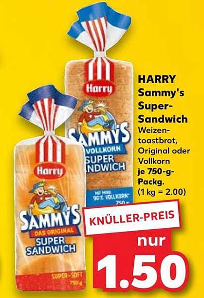 HARRY Sammy's Super-Sandwich Weizentoastbrot, Original oder Vollkorn je 750-g-Pack. (1 kg = 2.00)