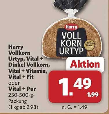 Harry Vollkorn Urtyp, Vital + Dinkel Vollkorn, Vital + Vitamin, Vital + Fit oder Vital + Pur 250-500-g-Packung (1 kg ab 2.98)