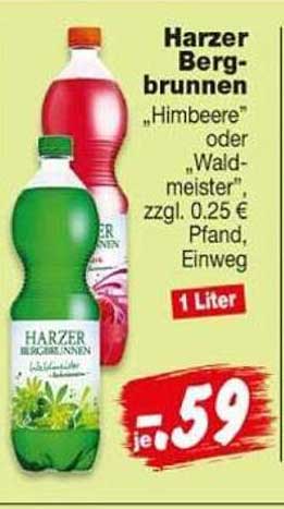 Harzer Berg-brunnen „Himbeere“ oder „Waldmeister“ zzgl. 0.25 € Pfand. Einweg 1 Liter