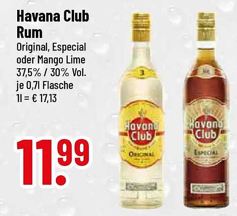 Havana Club Rum Original, Especial oder Mango Lime 37,5% / 30% Vol. je 0,7l Flasche 1l = € 17,13