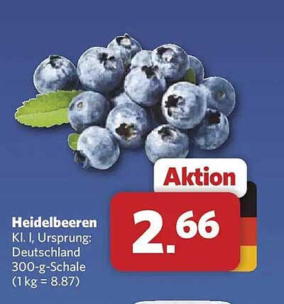 Heidelbeeren Kl. I, Ursprungsland: Deutschland 300-g-Schale (1 kg = 8.87)