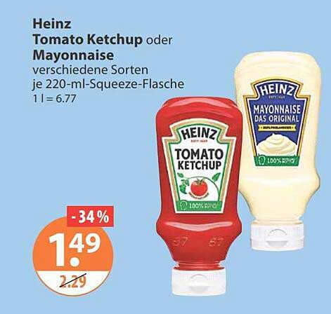 Heinz Tomato Ketchup oder Mayonnaise verschiedene Sorten je 220-ml-Squeeze-Flasche 1 l = 6.77