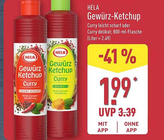 HELA Gewürz-Ketchup Curry leicht scharf oder Curry delikat; 800-ml-Flasche (Liter = 2.49)