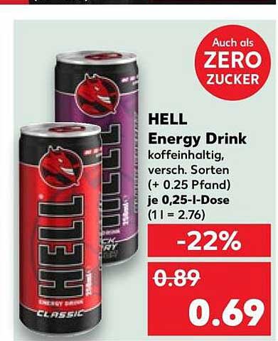 HELL Energy Drink koffeinhaltig, versch. Sorten (+ 0.25 Pfand) je 0,25-l-Dose (1 l = 2.76)