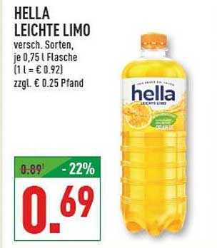 HELLA LEICHTE LIMO versch. Sorten, je 0,75 l Flasche (1 l = € 0,92) zzgl. € 0,25 Pfand