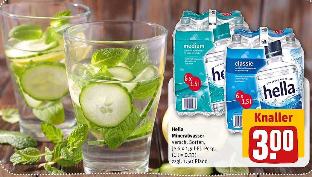 Hella Mineralwasser versch. Sorten, je 6 x 1,5-l-Fl.-Pckg. (1 l = 0.33) zzgl. 1,50 Pfand