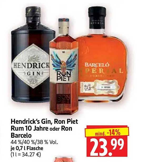 Hendrick’s Gin, Ron Piet Rum 10 Jahre oder Ron Barcelo
