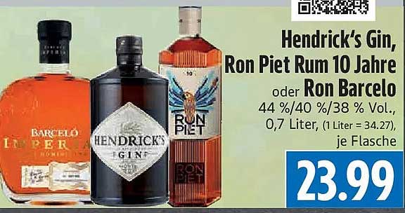 Hendrick's Gin, Ron Piet Rum 10 Jahre oder Ron Barcelo