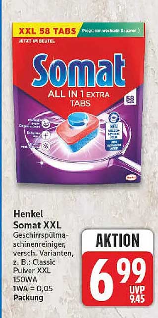 Henkel Somat XXL Geschirrspülmaschinenreiniger, versch. Varianten, z. B.: Classic Pulver XXL 150WA 1WA = 0,05 Packung