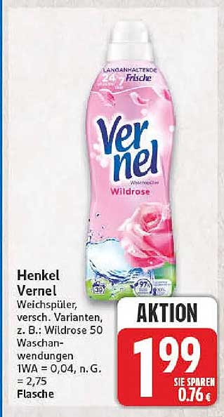 Henkel Vernel Weichspüler, versch. Varianten, z. B.: Wildrose 50 Waschanwendungen 1WA = 0,04, n.G. = 2,75 Flasche