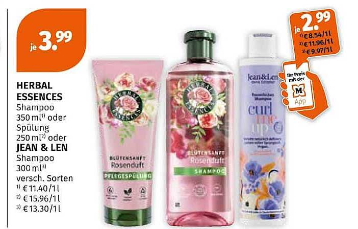 HERBAL ESSENCES Shampoo 350 ml oder Spülung 250 ml oder JEAN & LEN Shampoo 300 ml versch. Sorten