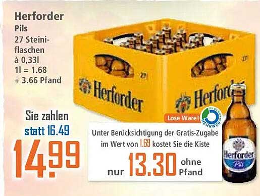 Herforder Pils 27 Steinflaschen à 0,33l 1 l = 1.68 + 3.66 Pfand