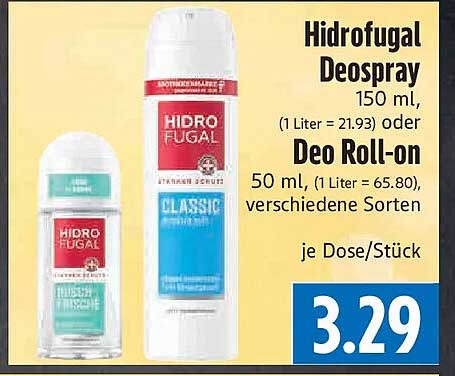 Hidrofugal Deospray 150 ml, (1 Liter = 21.93) oder Deo Roll-on 50 ml, (1 Liter = 65.80), verschiedene Sorten
