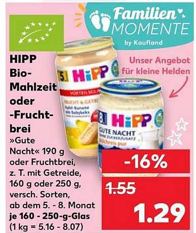 HIPP Bio-Mahlzeit oder -Fruchtbrei »Gute Nacht« 190 g oder Fruchtbrei, z. T. mit Getreide, 160 g oder 250 g, versch. Sorten ab dem 5. - 8. Monat je 160 - 250-g-Glas