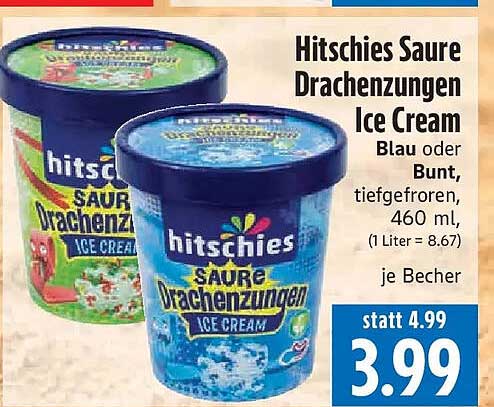Hitschies Saure Drachenzungen Ice Cream Blau oder Bunt, tiefgefroren, 460 ml