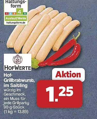 Hof-Grillbratwurst, im Saitling würzig im Geschmack, ein Muss für jede Grillparty 90-g-Stück (1 kg = 13.89)