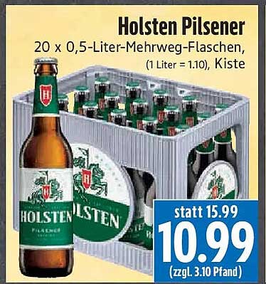 Holsten Pilsener 20 x 0,5-Liter-Mehrweg-Flaschen, (1 Liter = 1.10), Kiste
