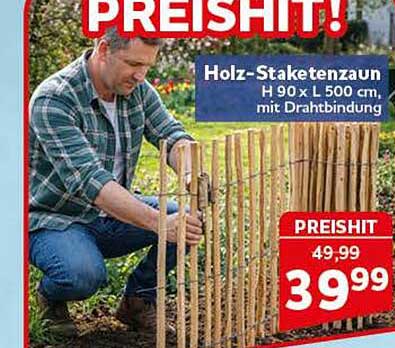 Holz-Staketenzaun H 90 x L 500 cm, mit Drahtbindung