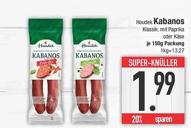 Houdek Kabanos Klassik, mit Paprika oder Käse je 150g Packung