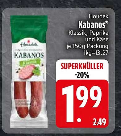 Houdek Kabanos* Klassik, Paprika und Käse je 150g Packung 1kg=13.27