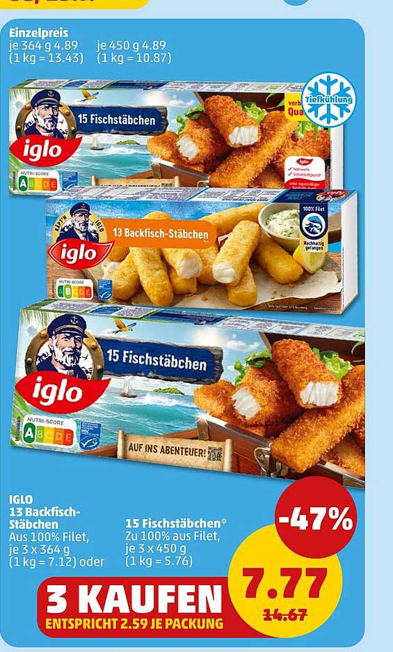 IGLO 13 Backfisch-Stäbchen, aus 100% Filet, je 3 x 364 g oder 15 Fischstäbchen, zu 100% aus Filet, je 3 x 450 g