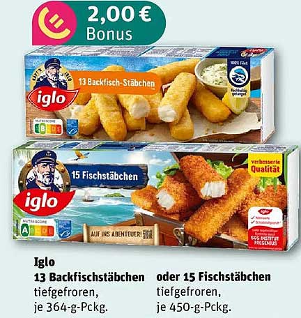 Iglo 13 Backfisch-Stäbchen oder 15 Fischstäbchen tiefgefroren, je 364-g-Pckg. oder 450-g-Pckg.