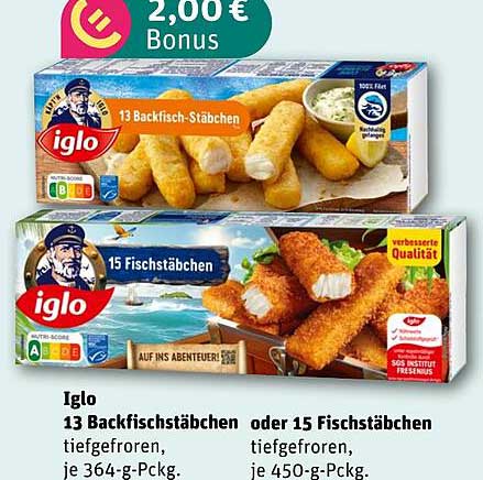 Iglo 13 Backfischstäbchen oder 15 Fischstäbchen tiefgefroren, je 364-g-Pckg. / je 450-g-Pckg.