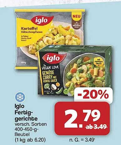 Iglo Fertiggerichte versch. Sorten 400-450-g Beutel (1 kg ab 6.20)