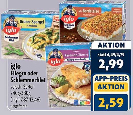 iglo Filegro oder Schlemmerfilet versch. Sorten 240g-380g (1kg=7,87-12,46) tiefgefroren